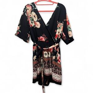 Three Pink Hearts Navy Floral Wrap Romper size L